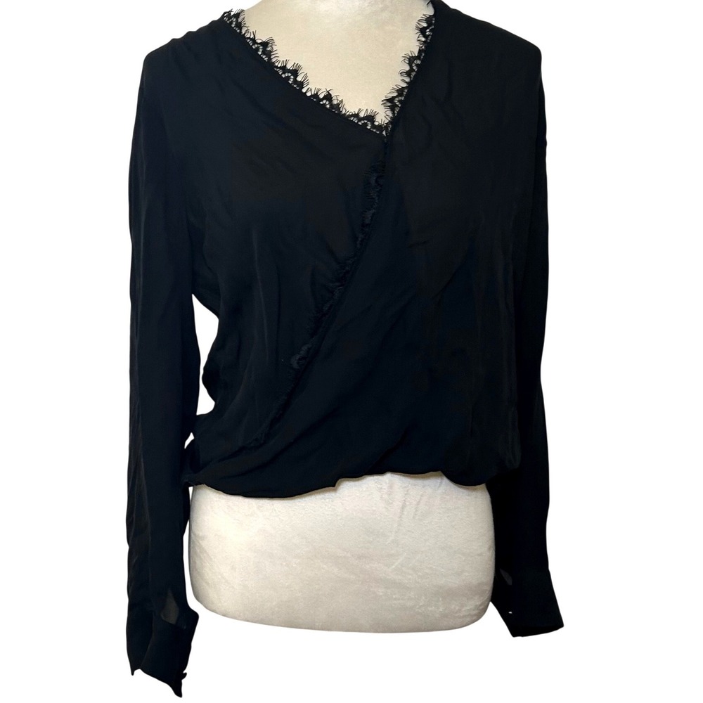L'AGENCE Rosario Top Black 100% Silk Wrap Blouse Lace Trim V-Neck small classic